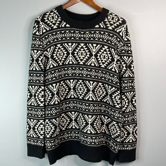H&M 90s Vibe Wool Blend Nordic Pattern Knit Sweater Black White Round Neck L - Picture 10 of 10